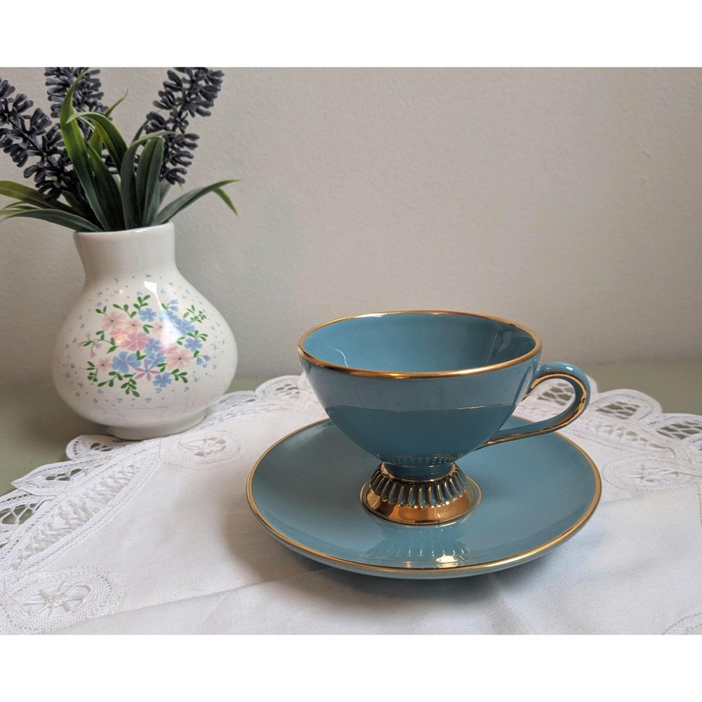 Vintage Italian Teacup and‎ Saucer Gold Trim Blue Porcelain Hand Made Italy